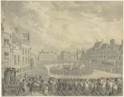 أدى اليمين في مجلس المفوضين من قبل الحراس المدنيين في Neude in Utrecht ، 1786 بواسطة كورنيليس فان كويلينبرج (الثاني) (توقيع الفنان)