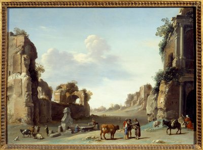 منظر رائع لكامبو فاتشينو في روما مع حمارين رسم بواسطة كورنيليس فان بيلينبرج (1596-1667) بواسطة كورنيليس فان بويلينبرغ أو بويلين بورش