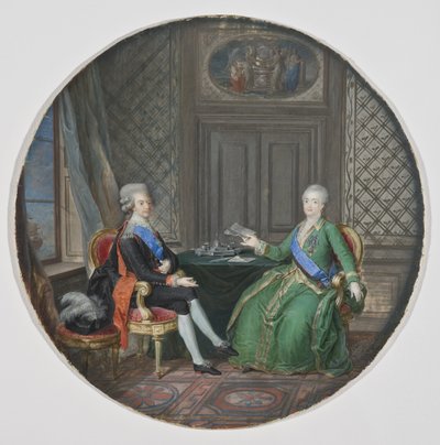 غوستاف الثالث دي سويدي (1746-1792) وكاترين الثانية دي روسي (1729-1796) وفريدريكسهامن (أكتويل هامينا ، فنلندا) - ملك السويد جوستاف الثالث وكاثرين الثانية ملك روسيا في فريدريكسهامن ، بواسطة هوير ، كورنيليوس (1741-1804) . لوحة مائية على رق بواسطة كورنيليوس هوير