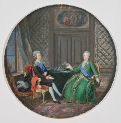 الملك جوستافوس الثالث وكاترين الثانية من روسيا في فريدريكشامن 1783 (ألوان مائية على الرق) بواسطة كورنيليوس هوير