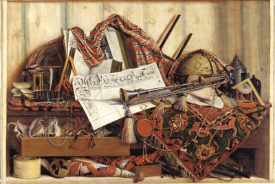 Trompe l'Oeil with Trumpet، Celestial Globe and Proclamation بواسطة فريدريك الثالث بواسطة كورنيليوس نوربرتوس جيجسبريشتس