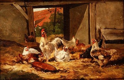 دجاج في حظيرة (واحد من زوج) بواسطة كورنيليوس فان ليبوتن