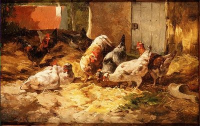 دجاج في حظيرة (واحد من زوج) بواسطة كورنيليوس فان ليبوتن