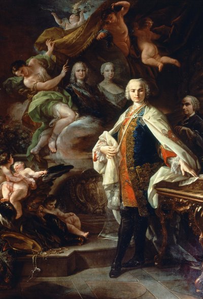 المخصي الإيطالي كارلو فارينيلي (كارلو بروشي ، 1705 - 1782) ، في بلاط فيليب الثاني ملك إسبانيا ، مرتديًا المعطف الأبيض من وسام كالاترافا. لوحة لكورادو جياكوينتو (1703-1766) ، متحف سيفيكو بيبليوغرافيكو ميوزيكال ، بولونيا. بواسطة كورادو جياكوينتو