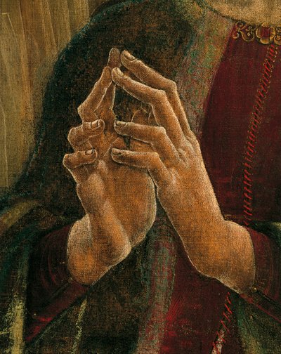 البشارة ، خشب مصراع الأرغن في كاتدرائية فيرارا ، بقلم كوزمي تورا (1430 - 1495) ، تمبرا على قماش ، 349 × 305 سم ، التفاصيل بواسطة Cosimo Tura