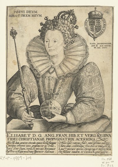 Portret van Elizabeth I Tudor، ten نصف lijve Posvi Devm Aiut Orem Mevm (العنوان على الكائن) بواسطة كريسبين فان دي باس (الأول)