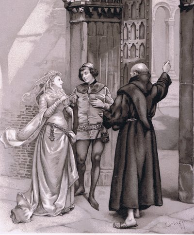 أدخل Friar Laurence و Romeo ، رسم توضيحي من Romeo and Juliet ، بواسطة كورتازو كورتازو