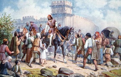 تشارلز الرابع يحيي الناس العاديين خلال توسعه لتحصينات براغ في عام 1361 ، بطاقة بريدية في أوائل القرن العشرين (لون ليثو) بواسطة المدرسة التشيكية