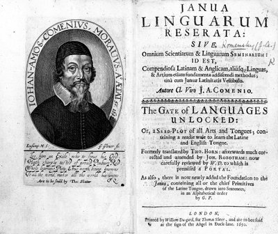 صورة في الصفحة وصفحة العنوان لـ Janua Linguarum Reserata مع صورة لـ Jan Amos Komensky ، منقوش بواسطة George Glover ، 1650 بواسطة المدرسة التشيكية