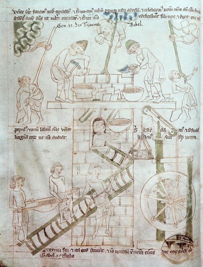 Ms 23 C 124 fol.3 بناء برج بابل ، من الكتاب المقدس فيليسلاف ، ص 1340 بواسطة المدرسة التشيكية