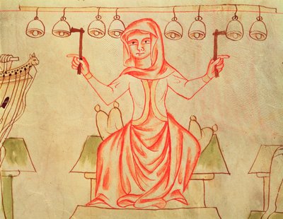 Mx XXIII C.124 موسيقي يلعب أجراسًا ، من الكتاب المقدس فيليسلاف ، c.1340 بواسطة المدرسة التشيكية
