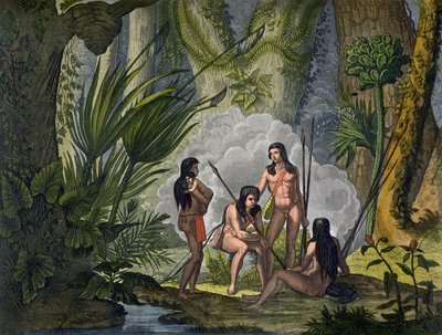 رجال قبيلة كاماكان في غابة الأمازون في غابة الأمازون ، البرازيل ، من &39;Le Costume Ancien et Moderne&39; ، المجلد الأول ، اللوحة 53 ، بقلم جول فيراريو ، تم نشره في 1820s-30s (نقش الألوان) بواسطة D.K. Bonatti