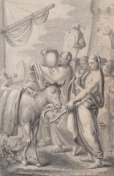 شخصيات على اليمين بالقرب من سفينة ، بعضها يحمل حيوانات فوق رؤوسهم ، حصان على اليسار ، 1783 بواسطة كريستيان برنارد رود