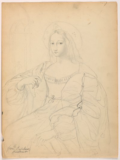 رسم، شخصية جالسة في ثوب البلاط بعد لوحة رافائيل جان دراجون؛ في الجهة المقابلة: منظر طبيعي، 1844 بواسطة دانييل هنتنغتون