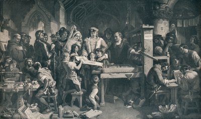 يظهر كاكستون العينة الأولى من طباعته للملك إدوارد الرابع ، c1858 ، 1911 بواسطة دانيال ماكليز