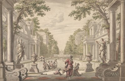 منظر لحديقة قصر بها بركة مركزية محاطة بالعمارة الكلاسيكية ... ، كاليفورنيا. 1700-1720. بواسطة دانيال ماروت