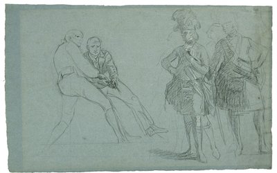 دراسة حصار جبل طارق (دراسة اللفتنانت كولونيل ليندسي والشخصيات التي تسحب على الحبل) ، ج. 1786-1787 (رسم بياني وطباشير أبيض وأسود على ورق رمادي - أزرق) بواسطة دانيال ميتينز