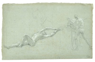 دراسة حصار جبل طارق (دراسة الشكل المنقذ وشكلين يسحبان مجذاف) ، 1785-1786 (طباشير أبيض وأسود على ورق رمادي-أخضر) بواسطة دانيال ميتينز