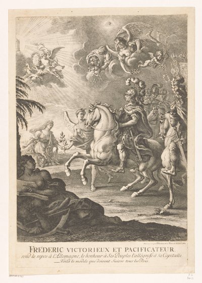 تمثيل استعاري لفريدريك الكبير على ظهور الخيل Fréderic victorieux et pacificateur (...) (العنوان على الكائن) بواسطة دانيال نيكولاوس شودويكي