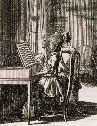 موسيقى ، امرأة تعزف على السبينيت ، بقلم دانيال نيكولاس تشودوفيتسكي (1726-1801) ، من احتلال السيدات ، ألمانيا ، بولندا بواسطة دانيال نيكولاوس شودويكي
