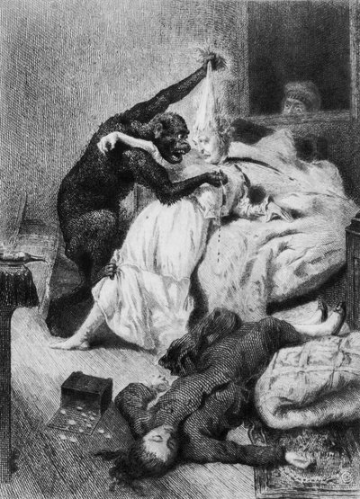 رسم توضيحي لـ "جرائم القتل في شارع مورغ" لإدغار آلان بو (1809-1809) نقشها يوجين ميشيل أبوت (1836-1894) (نقش) (صورة فوتوغرافية بالأبيض والأسود) بواسطة دانيال أورابيتا (بعد) فيرج