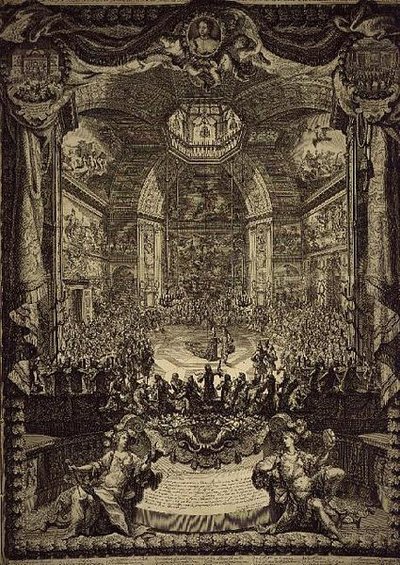 العيد الكبير لصاحبة السمو الملكي أميرة أورانج ، تم الاحتفال به في ديسمبر 1686 في صالون دو بوا في لاهاي ، تكريما لعيد ميلاد أمير أورانج (نقش) بواسطة دانيال الأكبر ماروت