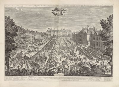 معرض لاهاي مع أمير وأميرة أورانج ، 1686 معرض في لاهاي مع توقيع برجر تصاعدي يقدم إلى أصحاب السمو الملكي سيدي الأمير وسيدتي دي برينس فان أورانج / Foire de la Haye، avec les bourgois sous les armes، sa بواسطة دانيال ماروت (أنا)