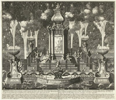 الألعاب النارية في الاحتفال بسلام أوترخت ، 1713 رسم توضيحي للمسرح بزخارف متزامنة وألعاب نارية كونستيج ، أقامه أودير فان هار إد. غروت موغ: ولايات هيرين في هولندا وغرب فريزلاند (...) في لاهاي ، في فيفير ( بواسطة دانيال ستوبندال