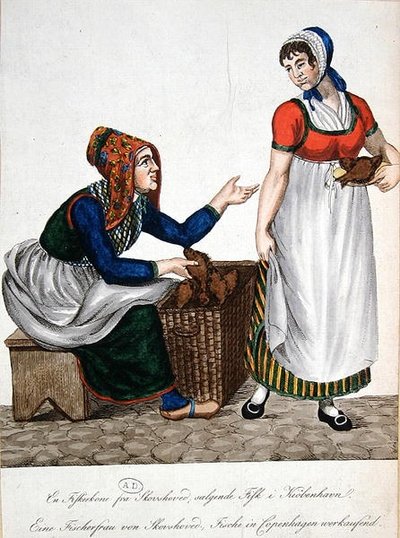 الزوجة السمكية من Skovshoved تبيع الأسماك في كوبنهاغن ، أوائل القرن التاسع عشر (لون ليثو) بواسطة المدرسة الدنماركية