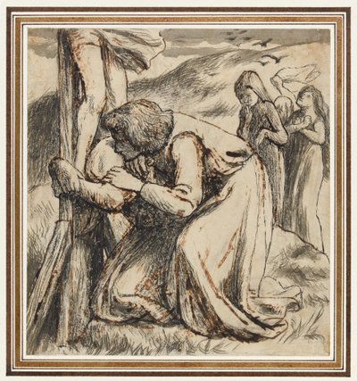القديس يوحنا يواسي العذراء عند قدم الصليب، حوالي 1857-1858 (قلم وحبر هندي وغسل بني داكن على ورق) بواسطة دانتي جابرييل تشارلز روسيتي