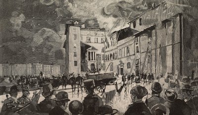 حريق المدارس الإسرائيلية عام 1893 ، روما ، إيطاليا ، نقش بعد الرسم بواسطة Dante Paolocci ، من L