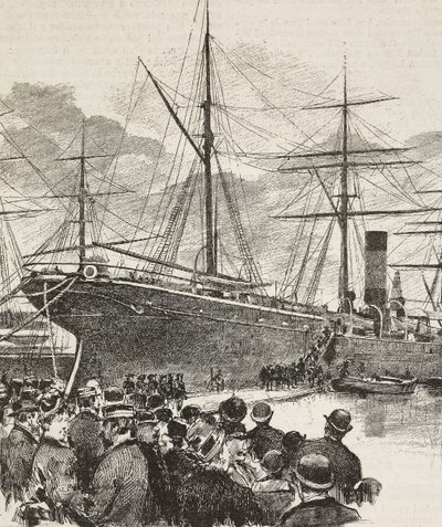 الأشخاص الذين يحضرون السفينة Bersaglieri ، فيلق الجيش الإيطالي ، على متن سفينة Gottardo ، البعثة الإيطالية في البحر الأحمر ، نقش من الرسم بواسطة Dante Paolocci ، من L