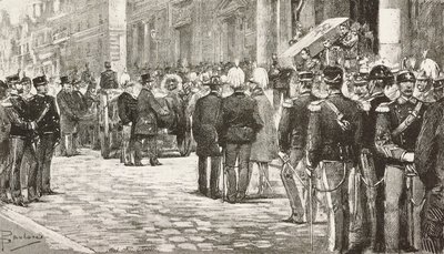 سياسيون وضباط يحضرون جنازة لويجي ميزاكابو (1814-1885) ، سياسي وضابط إيطالي ، روما ، إيطاليا ، نقش من رسم لدانتي بولوتشي ، من L