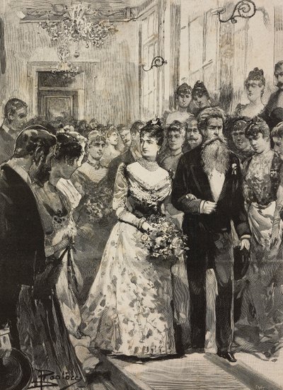 الملكة مارغريتا سافوي في حفلة النادي الفني (Circolo Artistico) في روما، برفقة النحات جوليو مونتيفردي، إيطاليا، نقش بعد رسم دانتي باولوتشي، من L#39;illustrazione Italiana، السنة العشرون، رقم 3، 15 يناير بواسطة دانتي بولوتشي