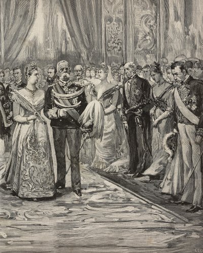Umberto I و Margherita of Savoy في حفلة موسيقية بمناسبة زفافهما الفضي ، Palazzo del Quirinale ، روما ، إيطاليا ، نقش بعد الرسم بواسطة Dante Paolocci ، من L