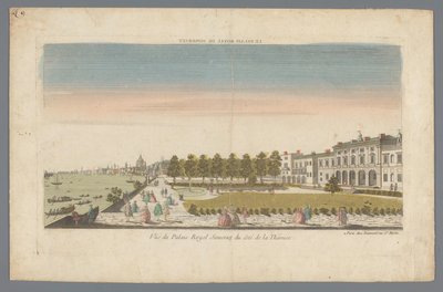 منظر لمنزل سومرست من ضفاف نهر التايمز مع وجود لندن في الخلفية Le Palais Royal de Somerset / Vue du Palais Royal Somerset du côté de la Thamise (العنوان على الكائن) بواسطة دومونت