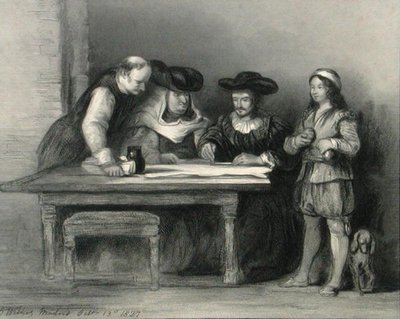 كريستوفر كولومبوس (1451-1506) في الدير في لا رابيدا من "معرض الصور" ، نُشر عام 1833 (نقش) بواسطة ديفيد (بعد) ويلكي