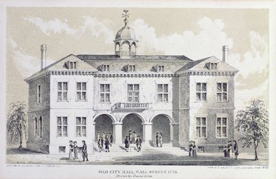 قاعة المدينة القديمة ، نيويورك ، في عام 1776 ، من "دليل عيد الحب" ، منقوش بواسطة جورج هايوارد ، 1856 بواسطة ديفيد جريم