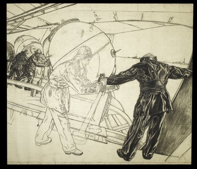 رسم بالحجم الكامل لـ "زرع الألغام الشتوية قبالة آيسلندا، حوالي عام 1942 (فحم على ورق) بواسطة ديفيد مويرهيد بون