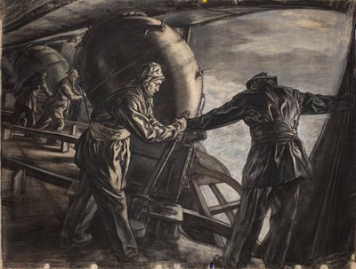دراسة عن زرع الألغام الشتوية قبالة آيسلندا، حوالي عام 1942 (فحم وطباشير ملون على ورق) بواسطة ديفيد مويرهيد بون