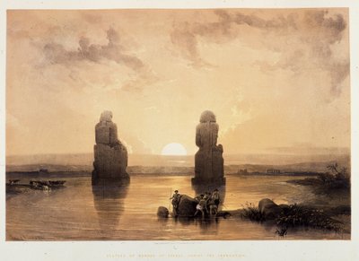 تماثيل ممنون (تماثيل ممنون) في طيبة ، أثناء الفيضان - في "الأرض المقدسة" ، لندن 1849 بواسطة ديفيد روبرتس