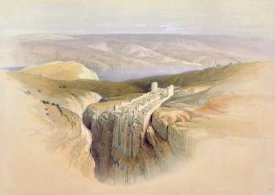 البحر الميت يتجه نحو موآب ، الرابع من أبريل 1839 ، اللوحة 50 من المجلد الثاني من "الأرض المقدسة" ، نقش بواسطة حانة لويس هاغي (1806-85). 1843 بواسطة ديفيد روبرتس