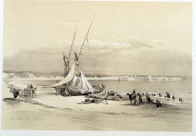 منظر لمدينة صور في لبنان ، رسم بتاريخ 27/04/1839 في "الأرض المقدسة" ، لندن 1849 بواسطة ديفيد روبرتس