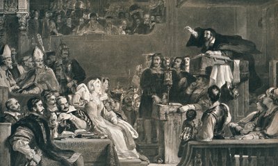 يوحنا نوكس الوعظ أمام أمراء الجماعة ، 10 يونيو 1559 ، c1827 ، 1912 بواسطة ديفيد ويلكي