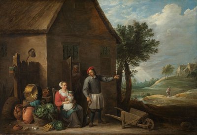 مزارع على باب كوخ مع امرأة جالسة وطفل، حوالي 1650-1655 (زيت على قماش) بواسطة ديفيد تينيرز الأصغر