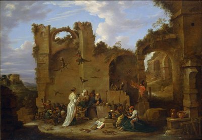 "" إغراءات القديس أنطونيوس "، عانى الناسك القديس أنطونيوس الكبير (251-356) (أو القديس أنطوني الناسك أو القديس أنطونيوس الأب) من إغراءات الشيطان في الصحراء. لوحة لديفيد تينيرز الأصغر (1610-1690) المتحف الوطني للفن الغربي ، بواسطة ديفيد تينيرز الأصغر