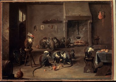 القرود في المطبخ. لوحة ديفيد تينيرز الأصغر (1610-1690). زيت على قماش ، 36 × 50.5 سم ، حوالي 1640. الفن الفلمنكي ، الفن الباروكي. متحف هيرميتاج ، سانت بطرسبرغ. بواسطة ديفيد تينيرز الأصغر