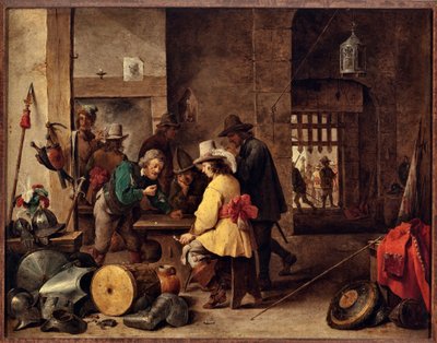 بيت الحراسة ، جنود يلعبون ويراهنون لوحة لديفيد تينيرز الشاب (1610-1690) بواسطة ديفيد تينيرز الأصغر