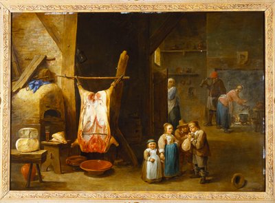 داخل كوخ فلاح مع جثة خنزير وصبي يفجر المثانة ، 1646 بواسطة ديفيد تينيرز الأصغر