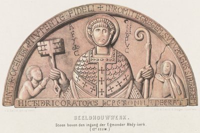 Tympanum van Egmond: طبل القوس مع بيتر ، الكونت ديرك السادس من هولندا ووالدته الكونتيسة بترونيلا ، حوالي 1120 نحت. حجر فوق مدخل كنيسة Egmonder Abbey (القرن الثاني عشر) (العنوان على القطعة) بواسطة ديفيد فان دير كيلين